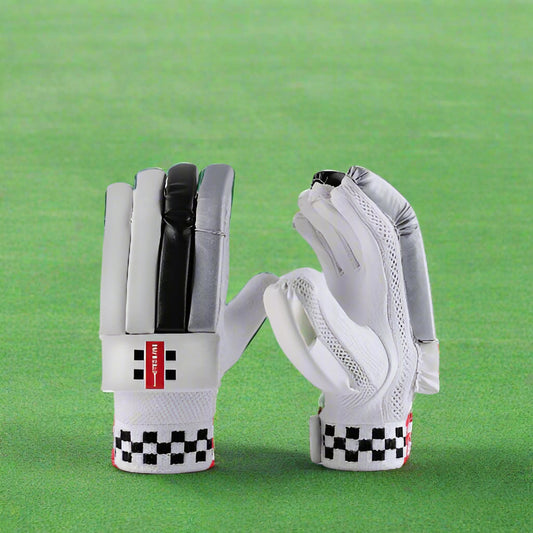 A pair of junior-sized Thunder batting gloves in white, with black and gray accents, checkered patterns, and branding on the backhand.