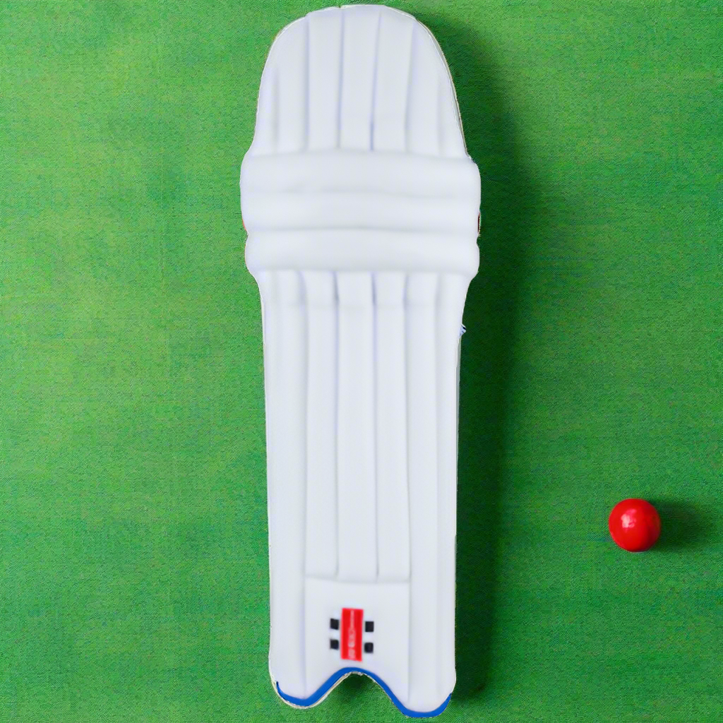 A single white cricket pad with a diffuser foam bolster and cashmillon knee protection, designed for junior cricketers.