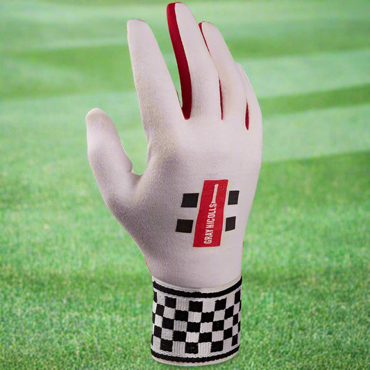 A padded white and red cricket glove with mesh vented fingers and an elasticated wristband.