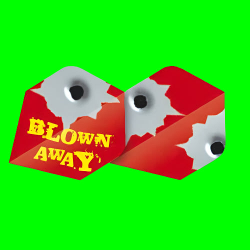 A set of three dart flights with a 'Blown Away' text and design in red, gray, and black colors.