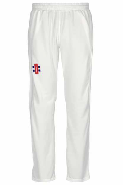 A pair of white cricket trousers with a crease and logos on the lower left leg and upper right thigh. The trousers have an elasticated waistband and are displayed against a white background.